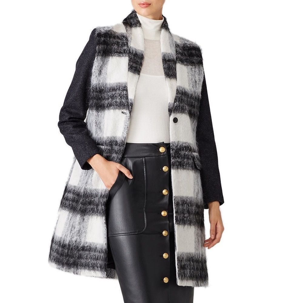 SAYLOR Brushed Wool Boucle Buffalo Plaid Trench Jacket Coat Black White Medium